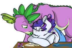 Size: 1910x1268 | Tagged: safe, artist:that-softscorpio, rarity, spike, g4, blanket, desk, eyes closed, male, older, older spike, one eye closed, ship:sparity, shipping, simple background, sleeping, straight, table, transparent background