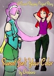 Size: 739x1024 | Tagged: safe, artist:magello, fluttershy, sunset shimmer, fanfic:sunset isn't your color, equestria girls, g4, armpits, clothes, cover, dress, fanfic, fanfic art, female, humanized, lesbian, midriff, ship:sunshyne, shipping