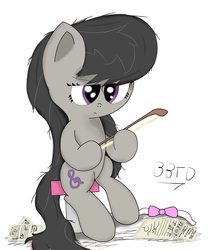 Size: 2042x2454 | Tagged: safe, artist:bronybehindthedoor, octavia melody, g4, bow (instrument), bowtie, female, high res, sheet music, signature, solo, stool