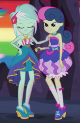 Size: 419x644 | Tagged: safe, screencap, bon bon, lyra heartstrings, rainbow dash, sweetie drops, equestria girls, g4, my little pony equestria girls: legend of everfree, adorabon, bloomers, clothes, cropped, crystal gala, cute, dress, duo, duo female, eyes closed, female, headband, lyrabetes, smiling, teenager