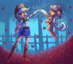 Size: 2000x1742 | Tagged: safe, artist:discorded, applejack, human, equestria girls, g4, apple, apple tree, clothes, cowboy hat, cute, denim skirt, eyes closed, female, fence, freckles, fruit, hat, human ponidox, jackabetes, legs, open mouth, self ponidox, skirt, solo, stetson, that pony sure does love apples, tree