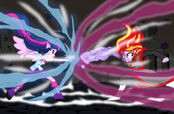 Size: 1285x838 | Tagged: safe, artist:deidrax, starlight glimmer, sunset shimmer, twilight sparkle, equestria girls, g4, corrupted zamasu, dragon ball, dragon ball super, fusion, goku black, merged zamasu, ponied up, potara, sunset black, zamasu