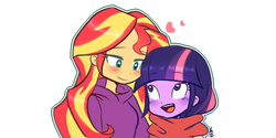 Size: 1600x800 | Tagged: safe, artist:haden-2375, sunset shimmer, twilight sparkle, equestria girls, g4, blushing, clothes, cute, duo, eye contact, female, heart, lesbian, looking at each other, looking down, open mouth, scarf, ship:sunsetsparkle, shipping, smiling, twiabetes