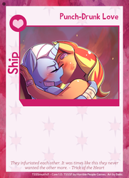 Size: 788x1088 | Tagged: safe, artist:bakki, sunset shimmer, trixie, anthro, twilight sparkle's secret shipfic folder, g4, bandage, card, female, kissing, lesbian, ship:suntrix, shipping