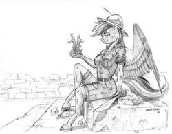 Size: 1500x1169 | Tagged: safe, artist:baron engel, daring do, anthro, unguligrade anthro, g4, breasts, clothes, female, grayscale, machete, monochrome, pencil drawing, sapphire statue, simple background, sketch, solo, traditional art, white background