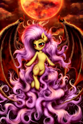 Size: 800x1200 | Tagged: safe, artist:salterino, fluttershy, bat pony, pony, semi-anthro, g4, bedroom eyes, blood moon, female, flutterbat, looking at you, mare, moon, race swap, red eyes, solo