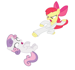 Size: 822x766 | Tagged: safe, edit, apple bloom, sweetie belle, g4, abuse, clothes, duo, female, filly, foal, gi, karate, kick, martial arts, pants, robe, sweetiebuse, white belt