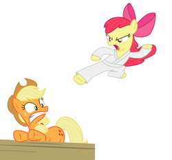 Size: 822x766 | Tagged: safe, apple bloom, applejack, g4, abuse, clothes, gi, incoming, jackabuse, karate, kick, martial arts, pants, robe, this will end in pain, white belt