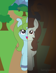 Size: 2550x3300 | Tagged: safe, artist:sketchydesign78, oc, oc only, oc:sketchy design, apathy, contrast, forest, happy, high res, ponified artist, tree, two sides, vector