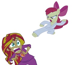 Size: 822x709 | Tagged: safe, edit, apple bloom, sunset shimmer, equestria girls, clothes, gi, incoming, karate, kick, martial arts, meme, photoshop, robe, sunset screamer, this will end in pain, trousers, white belt