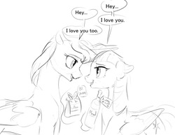 Size: 1280x989 | Tagged: safe, artist:silfoe, princess luna, twilight sparkle, alicorn, pony, other royal book, g4, apology, black and white, coffee, crossed horns, cute, dialogue, female, grayscale, heartwarming, horn, horns are touching, lesbian, looking at each other, lunabetes, mead, monochrome, open mouth, ship:twiluna, shipping, silfoe is trying to murder us, simple background, smiling, speech bubble, twiabetes, twilight sparkle (alicorn), white background