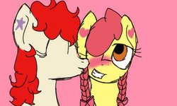 Size: 400x240 | Tagged: safe, artist:princesspaintbrushny, apple bloom, twist, g4, alternate hairstyle, blushing, braid, cheek kiss, female, kissing, lesbian, older, ship:twistbloom, shipping, simple, simple background