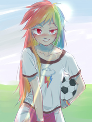 Size: 600x800 | Tagged: safe, artist:ranbluesue, rainbow dash, equestria girls, g4, blushing, crepuscular rays, female, football, looking at you, solo, sweat