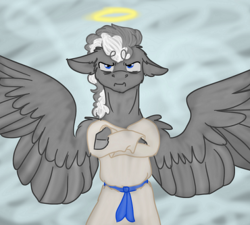 Size: 483x434 | Tagged: safe, artist:neonaarts, silver lining, silver zoom, angel, pegasus, pony, fanfic:piercing the heavens, g4, angry, fanfic art, floppy ears, halo, solo