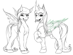 Size: 1600x1200 | Tagged: safe, artist:mykegreywolf, oc, oc only, changeling, duo, looking at you, smiling, wip