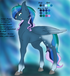 Size: 3440x3720 | Tagged: safe, artist:neonaarts, oc, oc only, oc:cosmic demise, pegasus, pony, evil grin, grin, high res, looking at you, magical lesbian spawn, offspring, parent:oc:nightshade, parent:rainbow dash, parents:canon x oc, reference sheet, smiling, solo