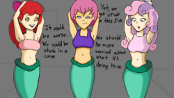 Size: 1920x1080 | Tagged: safe, artist:anonymous, derpibooru exclusive, apple bloom, scootaloo, sweetie belle, fish, human, g4, armpits, belly button, bondage, breasts, cutie mark crusaders, female, humanized, maiden fish, midriff, older, shantae, shantae: half-genie hero
