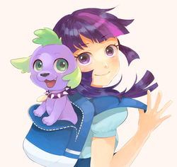 Size: 2003x1893 | Tagged: safe, artist:aoin, spike, twilight sparkle, dog, human, equestria girls, g4, backpack, collar, cute, human coloration, humanized, light skin, looking at you, simple background, spikabetes, spike the dog, twiabetes