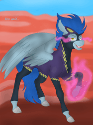 Size: 1106x1480 | Tagged: safe, artist:neonaarts, nightshade, pegasus, pony, fanfic:piercing the heavens, g4, animated, clothes, costume, fanfic art, female, gif, glowing, lidded eyes, looking at you, open mouth, raised hoof, shadowbolts, shadowbolts costume, smiling, solo, sombra eyes