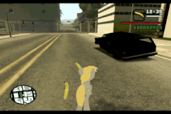 Size: 360x240 | Tagged: safe, screencap, derpy hooves, pegasus, pony, g4, animated, banana, car, female, food, game mod, gif, grand theft auto, gta san andreas, police, russian, solo, wat