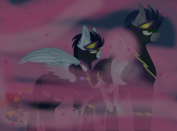 Size: 1168x866 | Tagged: dead source, safe, artist:neonaarts, descent, lightning dust, nightshade, soarin', oc, oc:rapidfire, oc:starry skies, pony, fanfic:piercing the heavens, g4, fanfic art, glowing, glowing eyes, shadowbolts