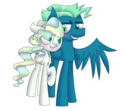 Size: 2743x2377 | Tagged: dead source, safe, artist:supercoco142, sky stinger, vapor trail, pegasus, pony, g4, top bolt, cute, high res, male, ship:vaporsky, shipping, simple background, stallion, straight, transparent background