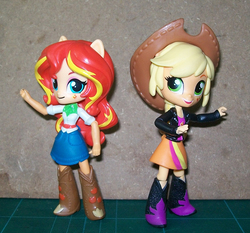 Size: 911x850 | Tagged: safe, applejack, sunset shimmer, equestria girls, g4, applejack in sunset shimmer's clothes, body swap, clothes, clothes swap, doll, equestria girls minis, eqventures of the minis, female, irl, photo, skirt, sunset shimmer in applejack's clothes, toy