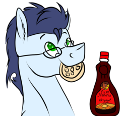 Size: 860x790 | Tagged: safe, artist:neonaarts, soarin', pony, g4, aunt jemima, cute, food, glasses, male, mouth hold, nerd, solo, waffle