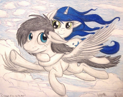Size: 1336x1060 | Tagged: safe, artist:thefriendlyelephant, oc, oc only, pegasus, pony, unicorn, birthday gift, cloud, commission, couple, cute, flying, traditional art