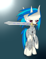 Size: 1290x1661 | Tagged: safe, artist:iados, dj pon-3, vinyl scratch, pony, unicorn, g4, armor, female, hooves, horn, mare, mouth hold, runes, solo, sword, weapon
