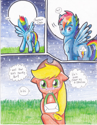 Size: 2552x3304 | Tagged: safe, artist:tristanjsolarez, applejack, rainbow dash, earth pony, pegasus, pony, comic:trans ponies, g4, blushing, butt, comic, duo, female, full moon, half r63 shipping, male, mare, moon, mouth hold, night, package, plot, rainbow blitz, rule 63, ship:appleblitz, ship:appledash, shipping, stallion, stars, straight, traditional art, transgender