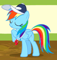 Size: 380x400 | Tagged: safe, screencap, rainbow dash, pony, flight to the finish, g4, animated, coach, female, gif, solo, whistle, whistle necklace