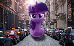Size: 3000x1875 | Tagged: safe, artist:flutterbatismagic, twilight sparkle, alicorn, pony, g4, :3, >:3, behaving like a cat, car, city, cute, funny, giant pony, giantess, glare, irl, looking at you, macro, mega twilight sparkle, new york city, photo, ponies in real life, prone, silly face, smirk, song in the comments, street, twiabetes, twilight cat, twilight sparkle (alicorn)