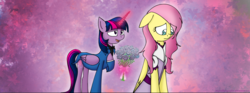 Size: 1940x724 | Tagged: safe, artist:stuflox, fluttershy, twilight sparkle, alicorn, pony, the count of monte rainbow, g4, bouquet, crossover, female, is there any news, lesbian, magic, mercedes, mondego, monsparkle, ship:twishy, shipping, shycedes, telekinesis, the count of monte cristo, twilight sparkle (alicorn)