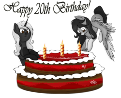 Size: 1280x1040 | Tagged: safe, artist:stuflox, oc, oc only, oc:ghost quill, oc:silhouette, pegasus, pony, unicorn, birthday cake, cake, food