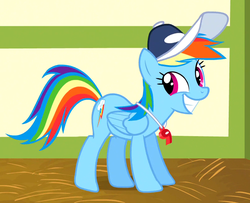 Size: 800x650 | Tagged: safe, screencap, rainbow dash, pegasus, pony, flight to the finish, g4, cap, coach, coach rainbow dash, cute, dashabetes, female, happy, hat, mare, ponyville schoolhouse, rainbow, rainbow dashs coaching whistle, smiling, solo, whistle, whistle necklace, wide grin