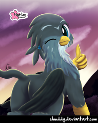 Size: 715x900 | Tagged: safe, artist:clouddg, gabby, griffon, g4, the fault in our cutie marks, female, looking at you, looking back, looking back at you, one eye closed, signature, solo, thumbs up, wink