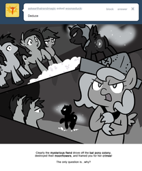 Size: 666x800 | Tagged: safe, artist:egophiliac, nightmare moon, princess luna, oc, oc:frolicsome meadowlark, oc:sunshine smiles (egophiliac), bat pony, pony, moonstuck, g4, cartographer's cap, dark woona, filly, grayscale, hat, monochrome, moonflower, nightmare woon, stomping, tumblr, woona, younger