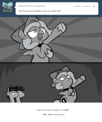 Size: 666x800 | Tagged: safe, artist:egophiliac, princess luna, oc, oc:frolicsome meadowlark, oc:sunshine smiles (egophiliac), bat pony, pony, moonstuck, g4, animated, barely animated, bipedal, cartographer's cap, filly, gif, grayscale, hat, monochrome, woona, woonoggles, younger