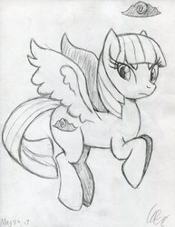 Size: 1024x1323 | Tagged: safe, artist:wynsten, oc, oc only, oc:greycloud, pegasus, pony, female, mare, monochrome, solo, traditional art