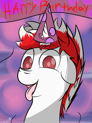 Size: 3000x4000 | Tagged: safe, artist:cloufy, oc, oc only, oc:shadow starfang, pony, unicorn, birthday, happy birthday, hat, party hat, solo, tongue out