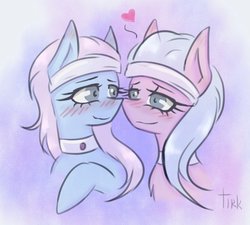 Size: 1140x1027 | Tagged: safe, artist:taleriko, aloe, lotus blossom, earth pony, pony, rcf community, g4, blushing, collar, cute, female, heart, incest, lesbian, ship:spacest, shipping, simple background, spa twins, twincest, twins