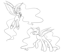Size: 1024x878 | Tagged: safe, artist:despotshy, nightmare moon, princess celestia, g4, angry, black and white, flying, grayscale, looking at each other, looking down, looking up, monochrome, raised hoof, simple background, sketch, spread wings, white background