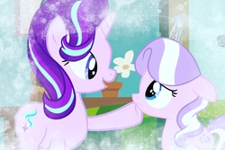 Size: 1800x1200 | Tagged: safe, edit, edited screencap, screencap, diamond tiara, starlight glimmer, g4, duo, eye contact, floppy ears, frown, looking at each other, open mouth, sad, smiling