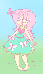 Size: 733x1255 | Tagged: safe, artist:typhwosion, fluttershy, butterfly, human, equestria girls, g4, barefoot, clothes, dress, feet, female, grass, humanized, looking at something, looking up, solo