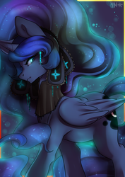 Size: 2893x4092 | Tagged: safe, artist:yukomaussi, princess luna, alicorn, pony, g4, alternate hairstyle, beautiful, female, frown, glare, glowing eyes, hairband, jewelry, looking at you, mare, missing accessory, regalia, solo