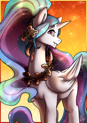 Size: 2893x4092 | Tagged: safe, artist:yukomaussi, princess celestia, alicorn, pony, g4, alternate hairstyle, cute, cutelestia, female, grin, hairband, jewelry, looking at you, mare, missing accessory, necklace, ponytail, smiling, solo