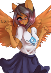 Size: 2507x3541 | Tagged: safe, artist:yukomaussi, oc, oc only, human, anthro, bill cipher, blushing, clothes, cute, glasses, high res, humanized, ocbetes, roskomnadzor, senpai, simple background, skirt, skirt lift, solo, transparent background, winged humanization