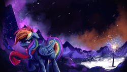 Size: 4000x2250 | Tagged: safe, artist:thefloatingtree, rainbow dash, pegasus, pony, g4, angry, clothes, featured image, female, floppy ears, folded wings, frown, glare, high res, lamppost, looking back, mare, mountain, night, open mouth, outdoors, raised hoof, scarf, singing, snow, snowfall, solo, the beginner's guide, walking, wings