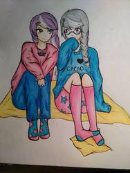 Size: 720x960 | Tagged: dead source, safe, artist:hazeactor, diamond tiara, silver spoon, human, g4, blanket, clothes, cute, female, glasses, hairclip, humanized, jeans, jewelry, lesbian, looking at each other, missing accessory, necklace, older, older diamond tiara, older silver spoon, pants, ship:silvertiara, shipping, socks, sweater